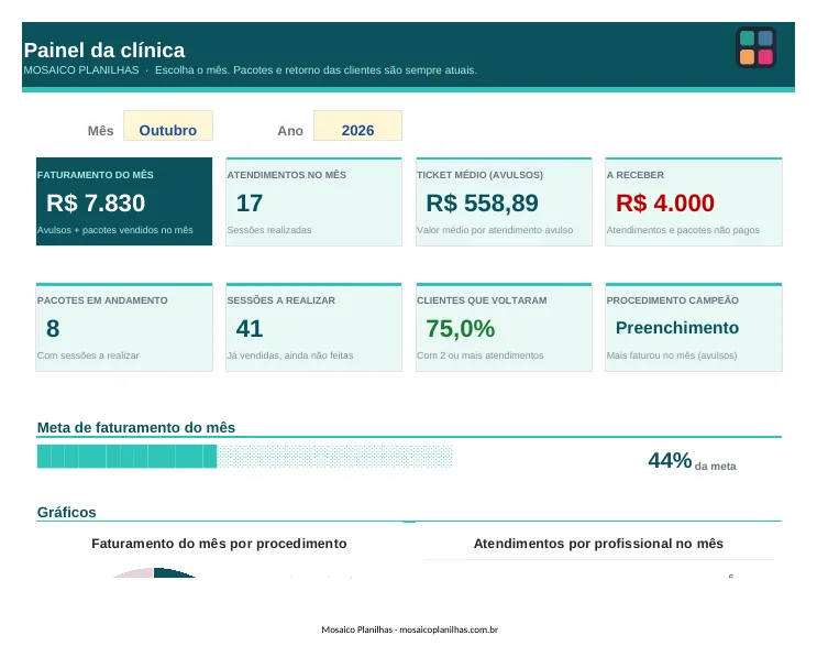 Painel da planilha Clínica de Estética